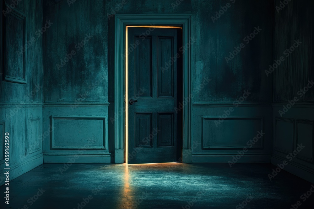 A faint glow from an open door in a pitch-black corridor, with shadows stretching out for a spine-chilling, haunted effect A faint glow from an open door in a pitch-black corridor, with shadows stretching out for a spine-chilling, haunted effect
