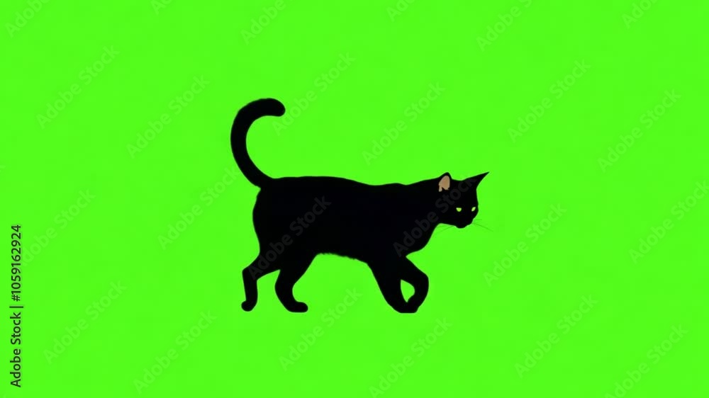 Cat animation cartoon silhouette walking on green screen. Cute kitten on chroma key green screen background. 4k video