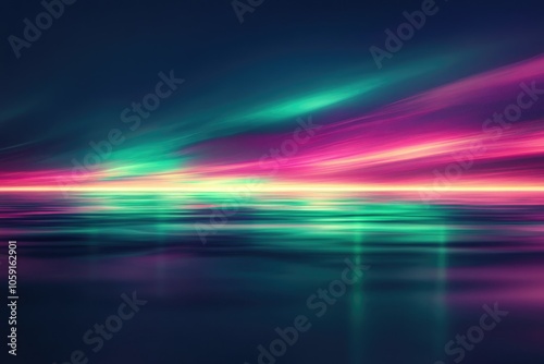 Blurred neon speed lights in green, purple, and teal hues, giving an impression of motion across a midnight sky