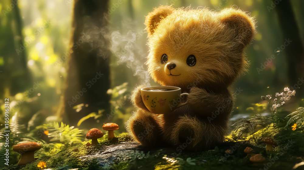 Adorable teddy bear enjoying a warm drink in a whimsical forest setting, perfect for wall art, posters, and charming decorations for children's spaces.