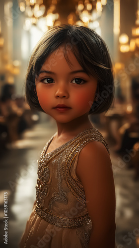 Portrait of a young girl in an elegant setting, perfect for wall art, posters, or festive event decoration, capturing innocence and beauty in a warm, opulent atmosphere.