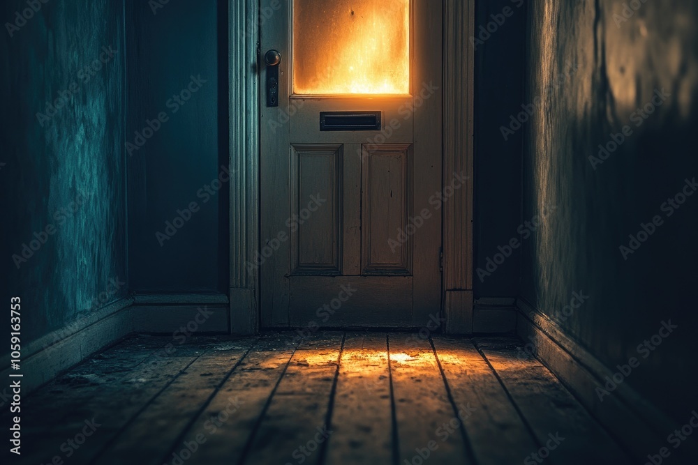 Faint light seeping from under a door in a dark hallway, casting an ominous glow on worn floorboards and adding mystery Faint light seeping from under a door in a dark hallway, casting an ominous glow on worn floorboards and adding mystery