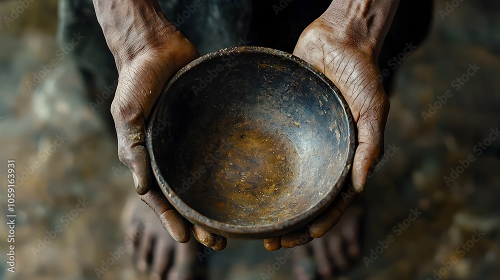 Malnourished Person Holding Broken Bowl Symbolizing Endless Hunger Cycle Malnourished Person Holding Broken Bowl Symbolizing Endless Hunger Cycle