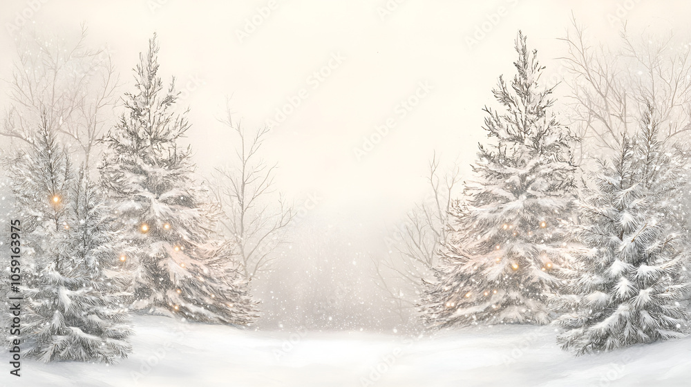 Winter landscape with snow-covered trees and soft snowfall, creating a serene and magical atmosphere
