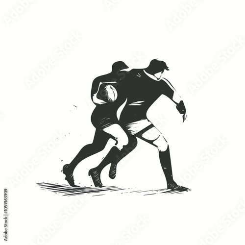 Rugby player tackling black and white illustration