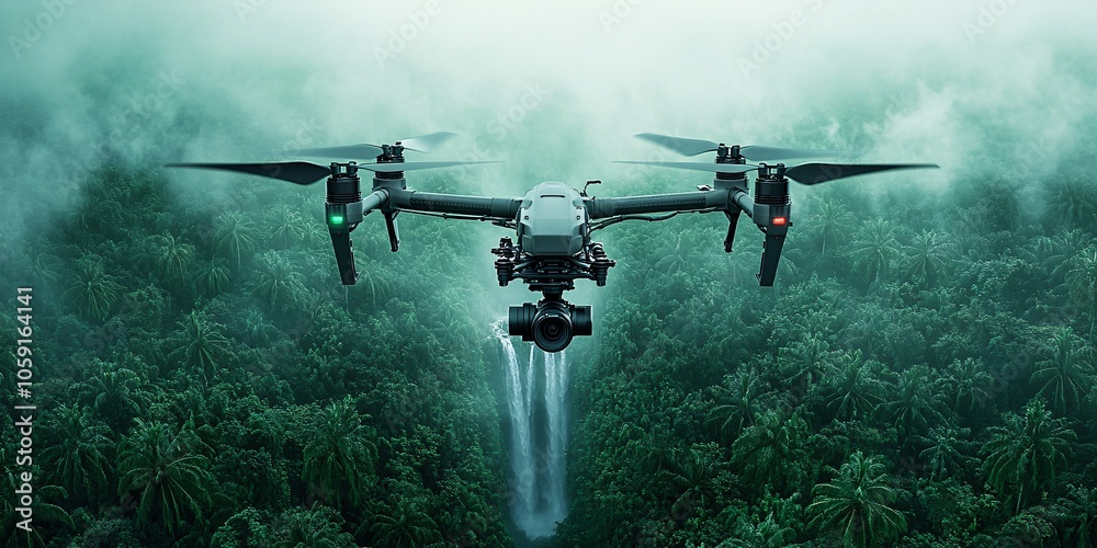 Fototapeta premium A photojournalistic-style action shot of a drone soaring through a dense forest, its camera lens focused on a distant waterfall. 