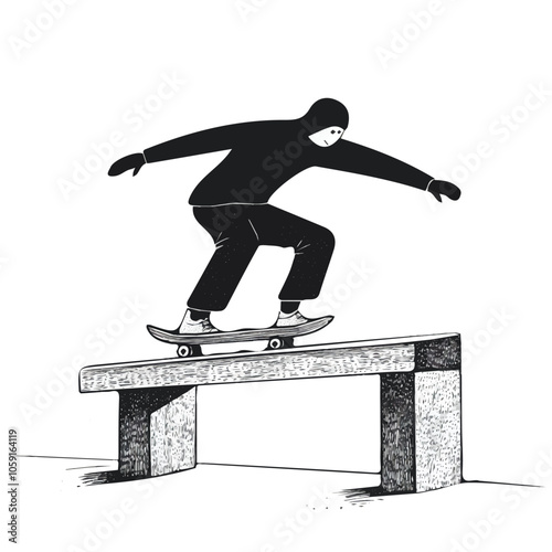 Skateboarder grinding a rail black and white illustration