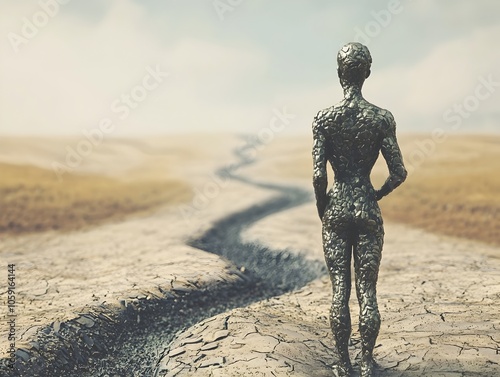 Solitary Figure at a Crossroads Facing Desolate Paths in All Directions photo