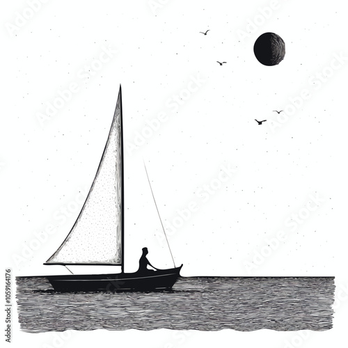 Sailor in a sailboat black and white illustration