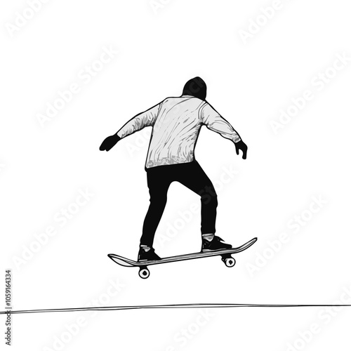Skateboarder grinding a rail black and white illustration
