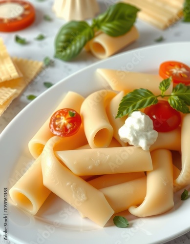 A plate of pasta with tomatoes and basil on a white background photo