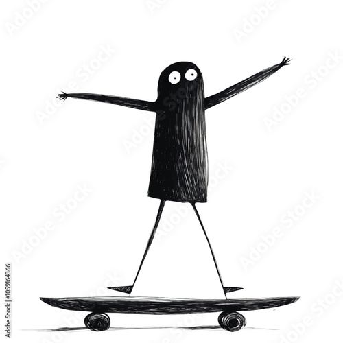 Skateboarder grinding a rail black and white illustration
