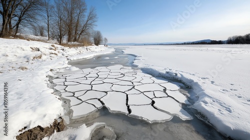 Frozen river with cracked ice patterns, surrounded by snow, Winter River, Natures Patterns photo