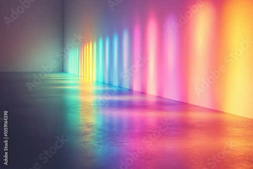 Subtle, soft rainbow light patterns cast on a white wall, with smooth transitions between colors for a serene and artistic