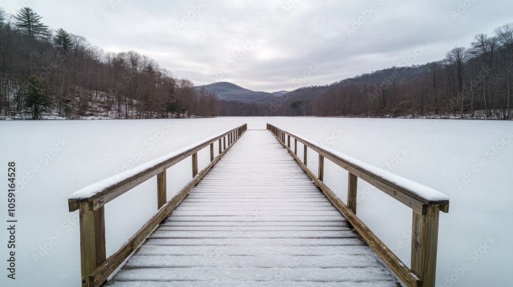Naklejka premium Serene winter landscape a snow-covered dock leading into a frozen lake surrounded by mountains