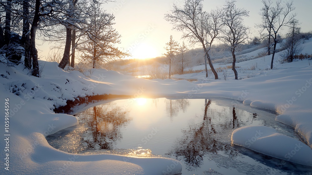Icy pond surrounded by snowladen trees, soft morning light, Winter Pond, Serene Waterscape Icy pond surrounded by snowladen trees, soft morning light, Winter Pond, Serene Waterscape
