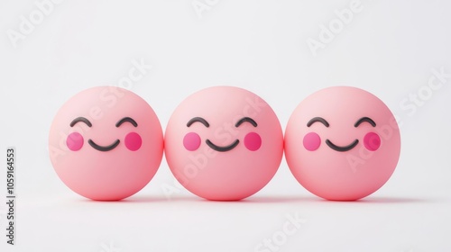 Three cute pink smiley balls with cheerful expressions on a white background, perfect for conveying happiness and positivity.