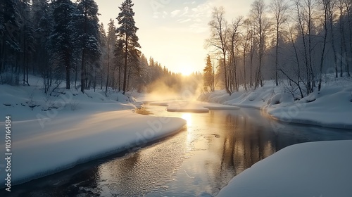 Icecrusted river winding through frosty woods, subtle morning mist, Frozen Landscape, Winter Serenity