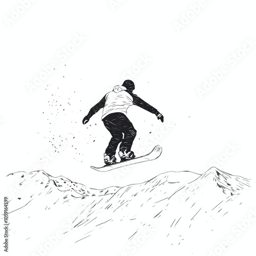 Snowboarder performing a jump black and white illustration