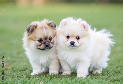 Spitz puppies A type of small fluffy dog often bred for companio photo