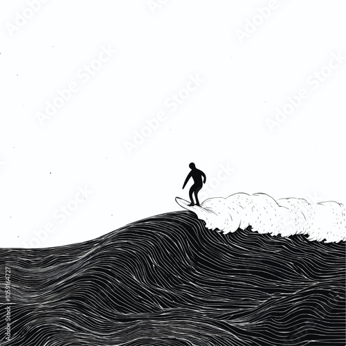 Surfboarder riding a wave black and white illustration