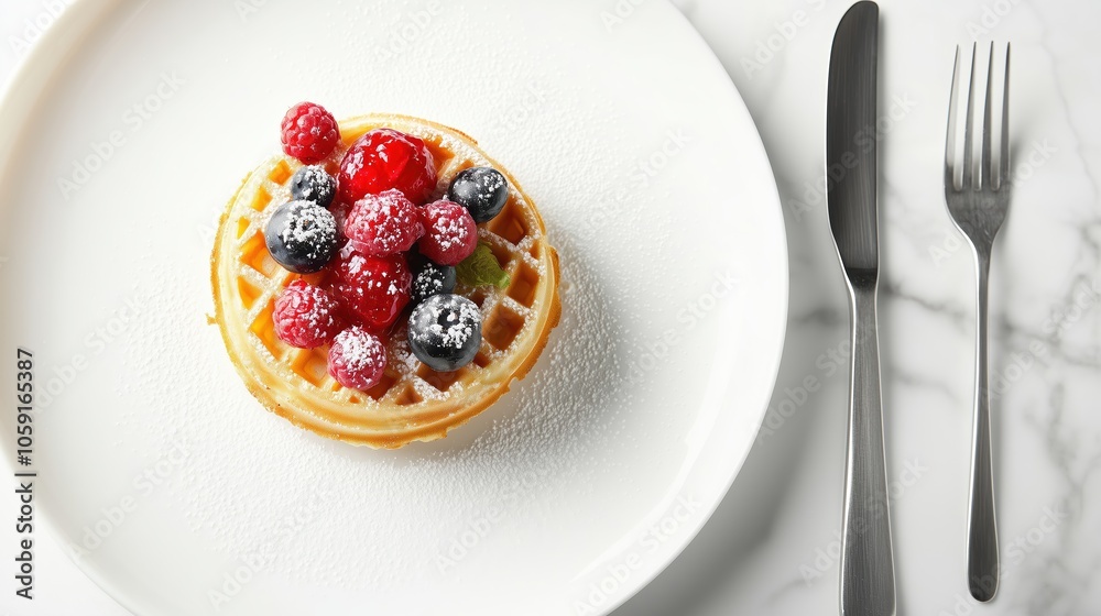 A golden waffle is elegantly served on a white plate, adorned with a vibrant mix of fresh berries and a sprinkle of powdered sugar, inviting a delightful breakfast experience A golden waffle is elegantly served on a white plate, adorned with a vibrant mix of fresh berries and a sprinkle of powdered sugar, inviting a delightful breakfast experience