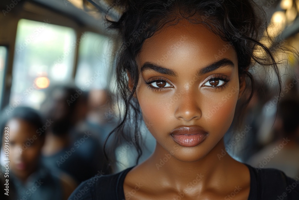 A beautiful woman standing on a crowded subway train. Generative AI A beautiful woman standing on a crowded subway train. Generative AI
