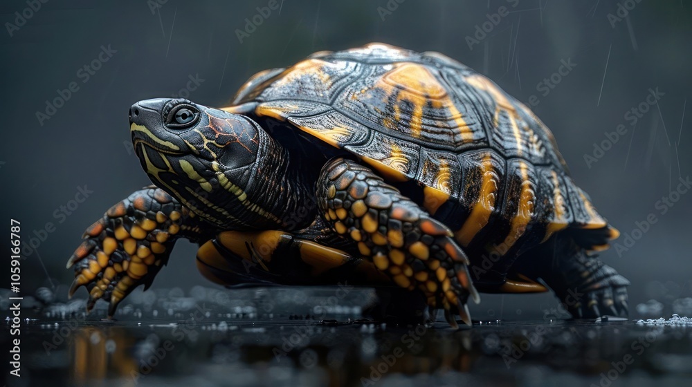 Obraz premium Close-up of a turtle with a vibrant shell walking on a log.
