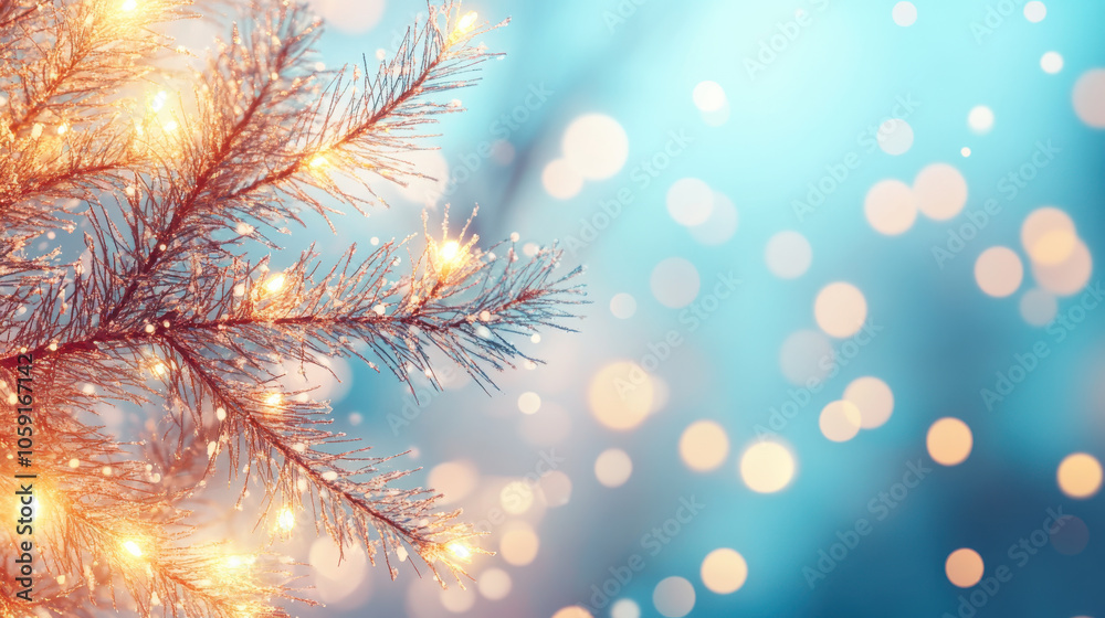 beautiful close up of Christmas tree branch adorned with glowing lights, creating festive atmosphere with soft blue background and bokeh effects beautiful close up of Christmas tree branch adorned with glowing lights, creating festive atmosphere with soft blue background and bokeh effects