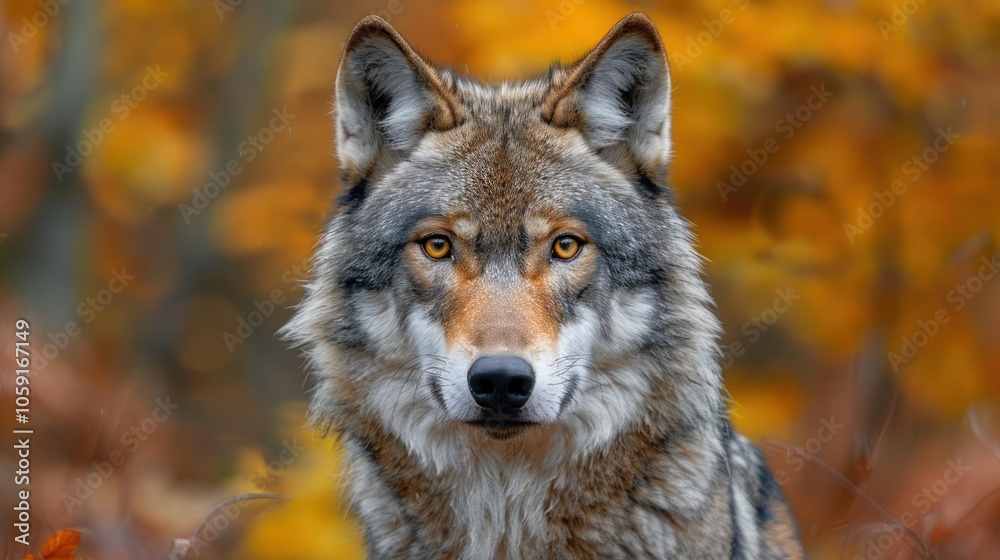 The wolf is looking right with an intense gaze. The wolf is looking right with an intense gaze.