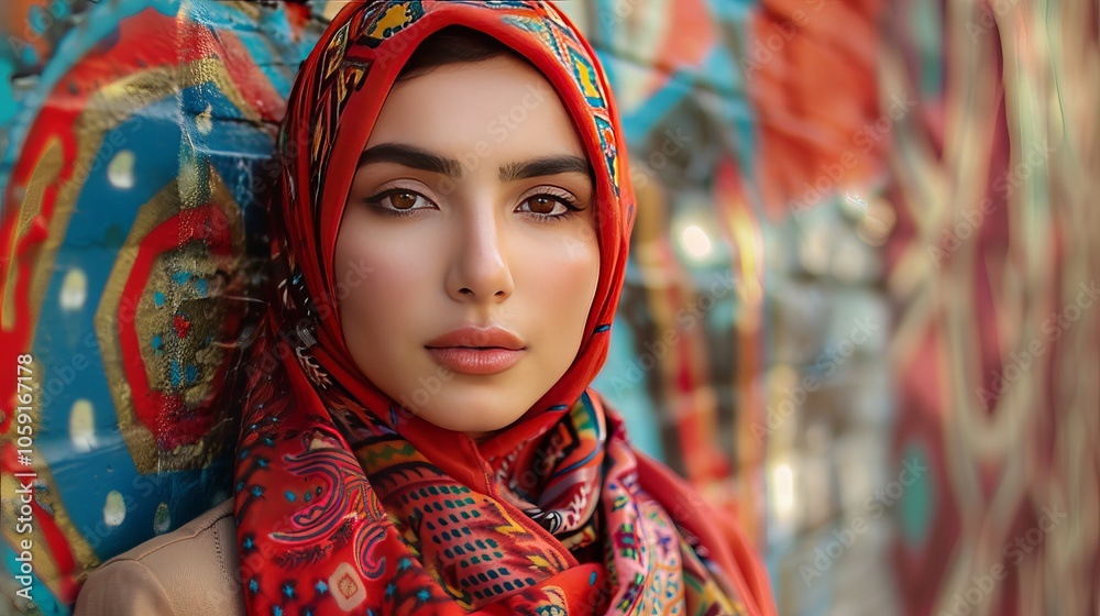 Fototapeta premium A young woman in a red and patterned headscarf looks directly at the camera.