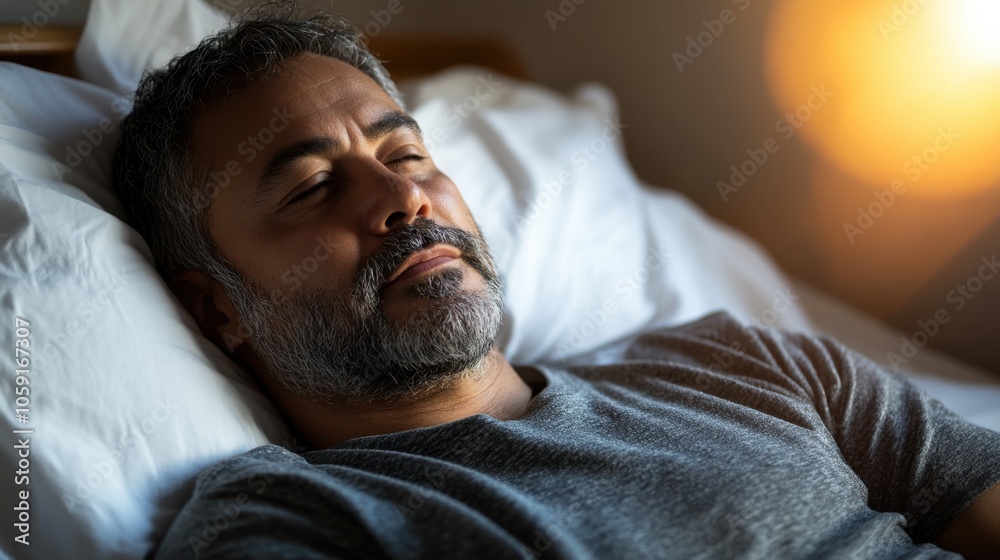 Fototapeta premium A middle-aged Latin man with a beard, relaxing on a bed with white linens, a warm glow from the morning sun softly illuminating his face