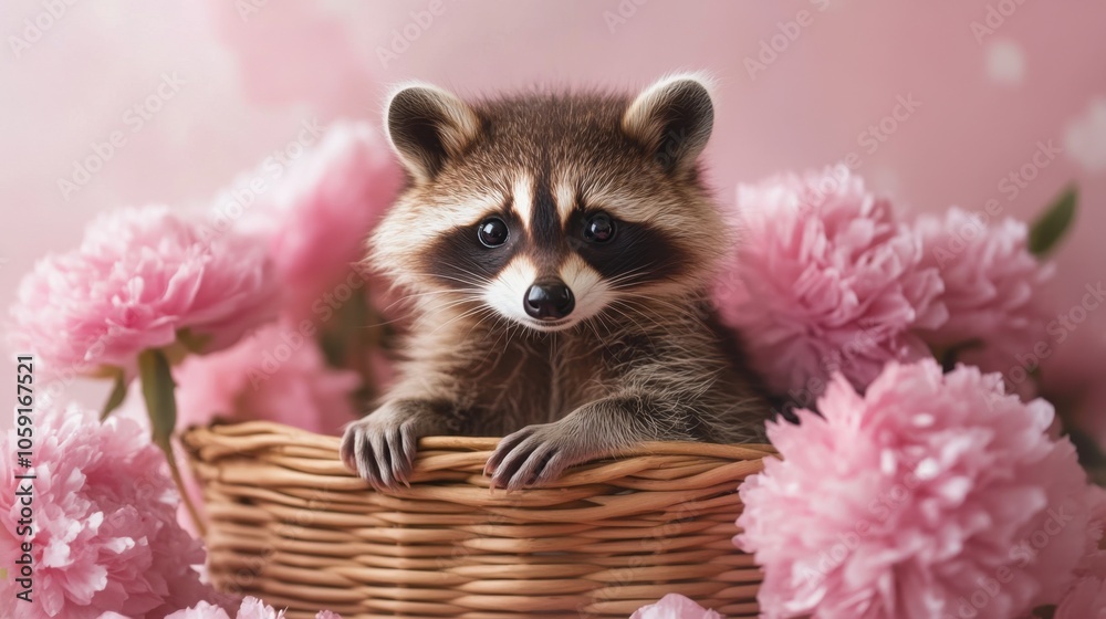 small raccoon sitting in a basket with pink flowers around, soft studio lighting small raccoon sitting in a basket with pink flowers around, soft studio lighting