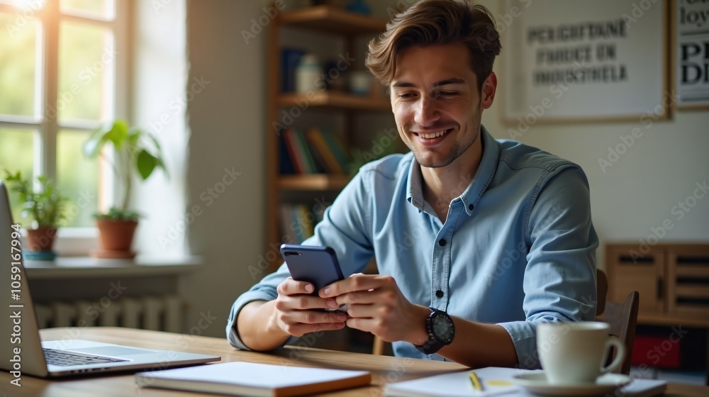Man Balancing Study and Technology in a Comfortable Home Setting Man Balancing Study and Technology in a Comfortable Home Setting