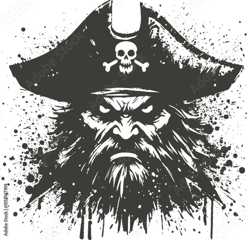 Grim pirate portrait with a skull and crossbones hat featuring intense facial expression and splatter art style