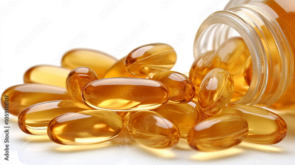 Golden Soft Gel Capsules Spilled From a Clear Bottle on a White Background Showcasing Health and Wellness Golden Soft Gel Capsules Spilled From a Clear Bottle on a White Background Showcasing Health and Wellness