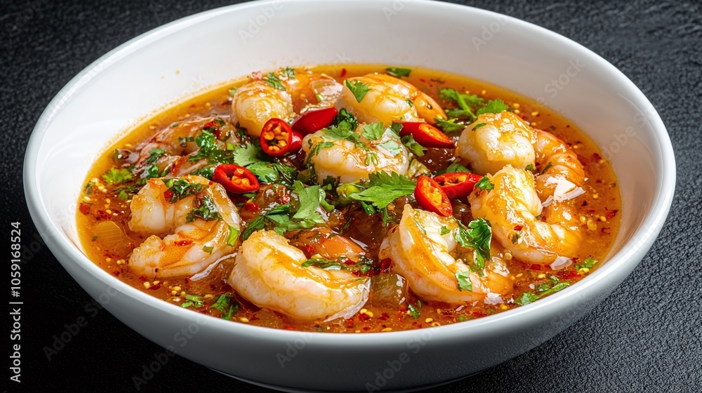 a large, juicy shrimp in the broth, detailed with droplets of chili oil, bright red chili slices, and garnished cilantro leaves, giving an appetizing, fresh feel. a large, juicy shrimp in the broth, detailed with droplets of chili oil, bright red chili slices, and garnished cilantro leaves, giving an appetizing, fresh feel.