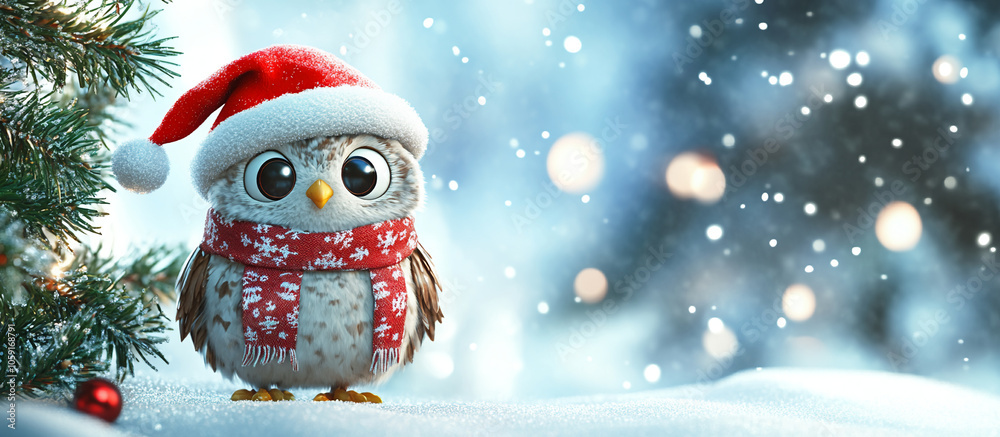 Christmas owl wearing santa hat with christmas tree and gift box background
Christmas owl wearing santa hat with christmas tree and gift box background