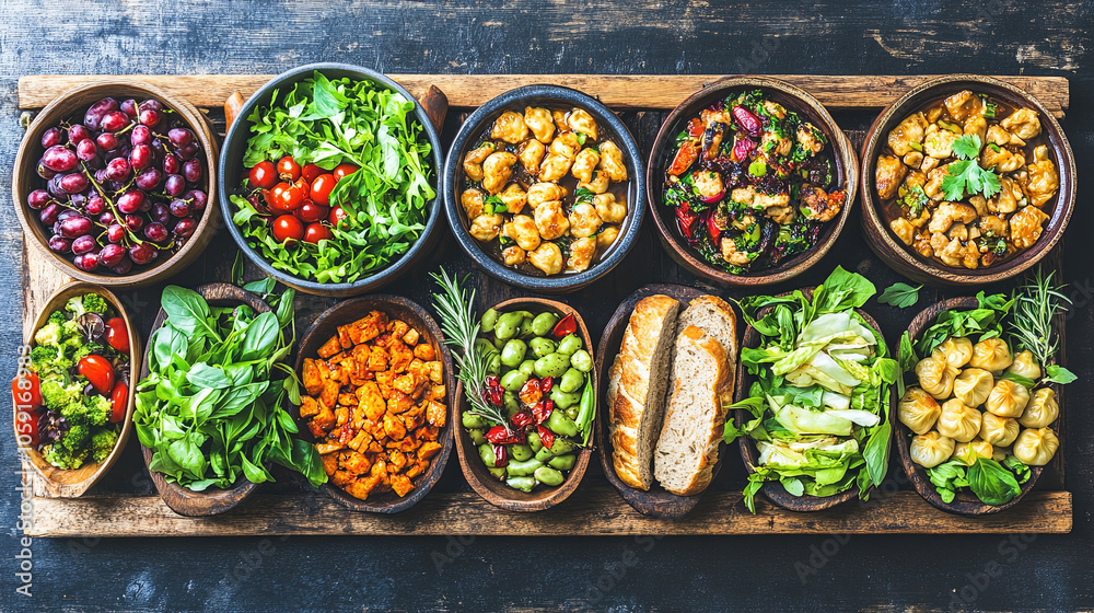 A Vibrant Assortment of Fresh and Healthy Dishes Displayed on a Wooden Table Featuring Greens, Grains, and Colorful Vegetables