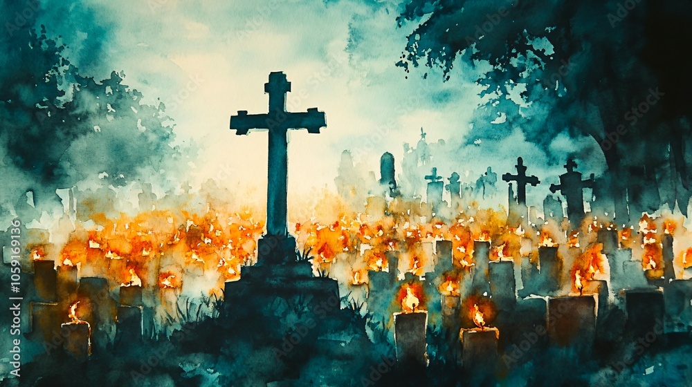 All Souls' Day. Cross with burning candles in the cemetery in watercolor All Souls' Day. Cross with burning candles in the cemetery in watercolor