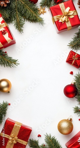 Festive holiday decorations with red gifts and ornaments arranged around a bl...