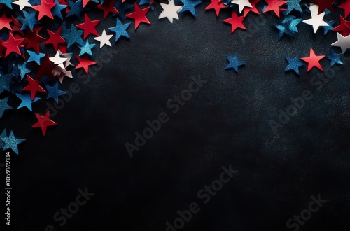 Colorful stars in red, white, and blue decorate a dark background for a festi...
