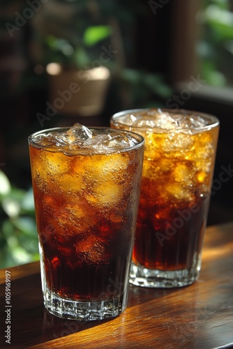 Refreshing glasses of iced beverage with mint leaves served indoors at a cozy...