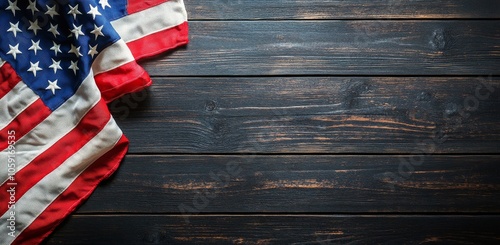 American flag draped on rustic wooden table background during a quiet moment ...