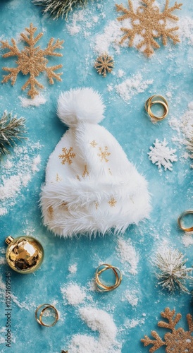 Winter holiday decoration featuring a white Santa hat amidst festive ornament...
