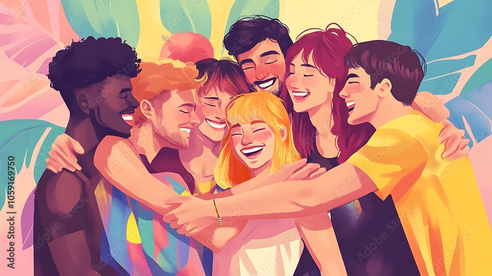 Fototapeta premium A joyful group of friends embracing each other with smiles, surrounded by colorful tropical elements.