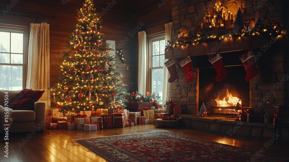 Cozy living room decorated for Christmas with a tree, gifts, and a glowing fireplace Cozy living room decorated for Christmas with a tree, gifts, and a glowing fireplace