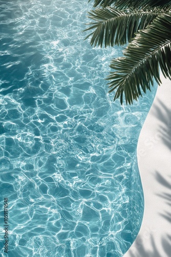 Shimmering poolside scene with a metal ladder against a sparkling blue water ...
