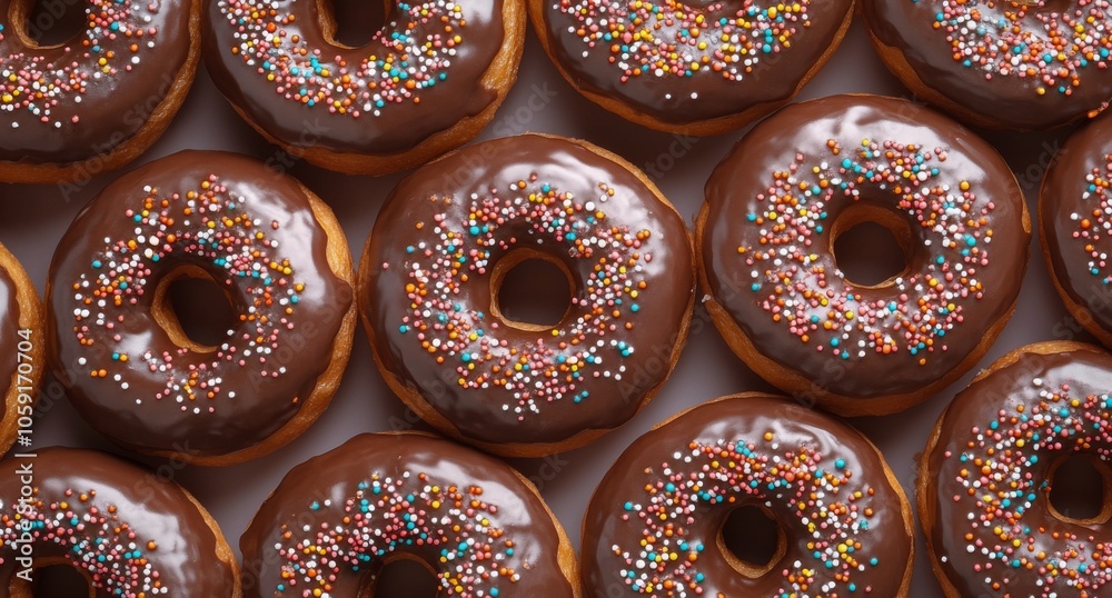 Freshly baked chocolate donuts arranged neatly on a white background with colorful sprinkles Freshly baked chocolate donuts arranged neatly on a white background with colorful sprinkles
