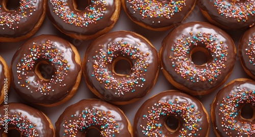 Freshly baked chocolate donuts arranged neatly on a white background with col...